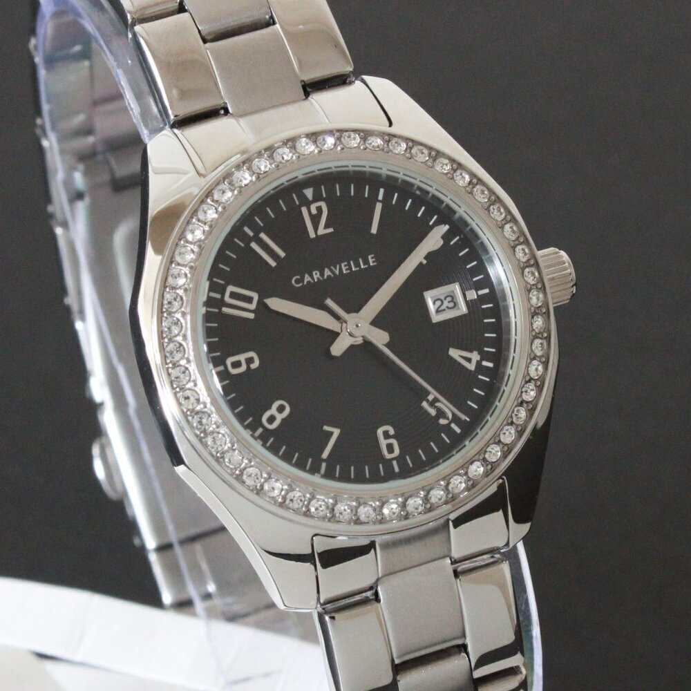 Caravelle Ladies Dress Watch By Bulova Black Sunray Dial 48 Crystal Bezel 28mm